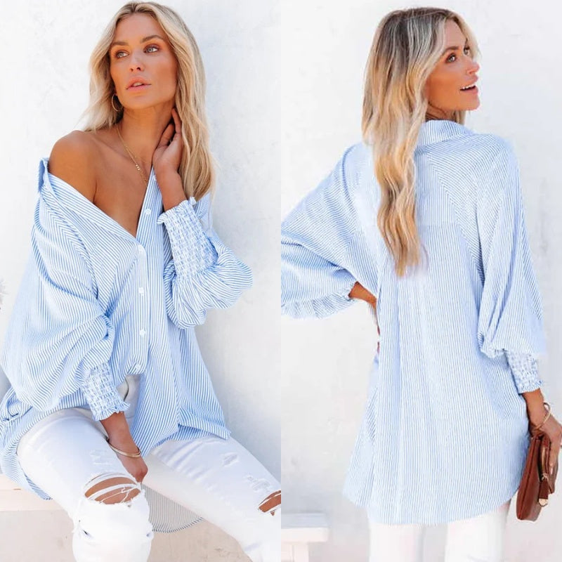 🔥Dernier jour des soldes 49 % DE RÉDUCTION🏆️Chemise mi-longue smockée avec col rayé et manches oversize retroussées