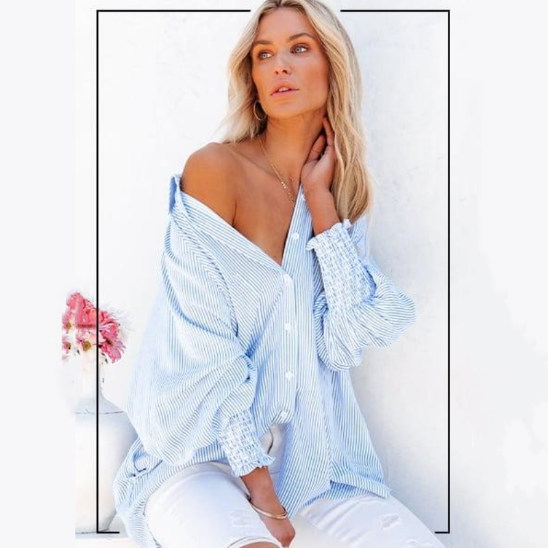 🔥Dernier jour des soldes 49 % DE RÉDUCTION🏆️Chemise mi-longue smockée avec col rayé et manches oversize retroussées