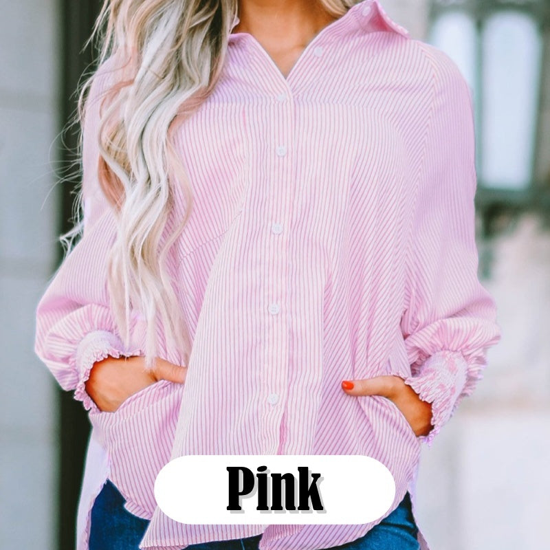 🔥Dernier jour des soldes 49 % DE RÉDUCTION🏆️Chemise mi-longue smockée avec col rayé et manches oversize retroussées