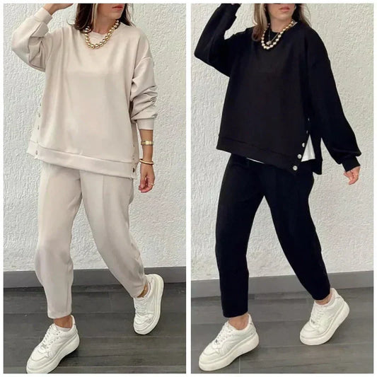 Ensemble deux pièces de couleur unie pour femmes - Top et pantalon