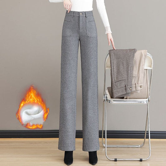 [Cadeau pour elle] Pantalon droit thermique à taille haute pour femme