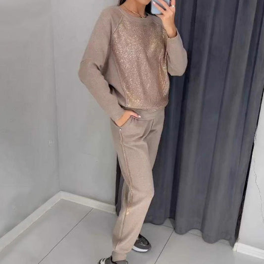 Ensemble 2 pièces de sweatshirt et de pantalons décontractés à paillettes et à strass pour femmes