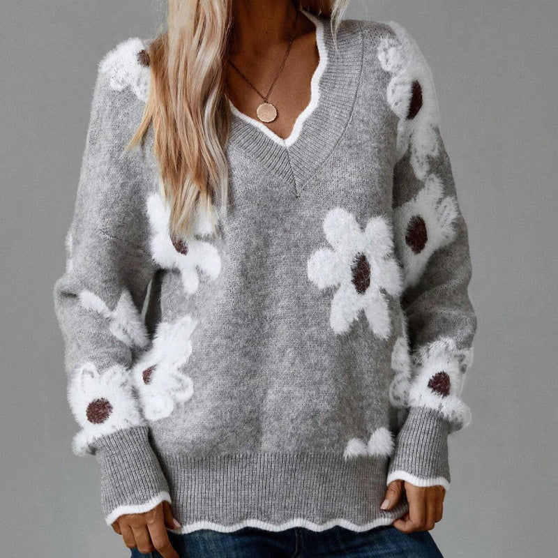 🌸Pull pour femme à motif floral et bordure en coquille🌟