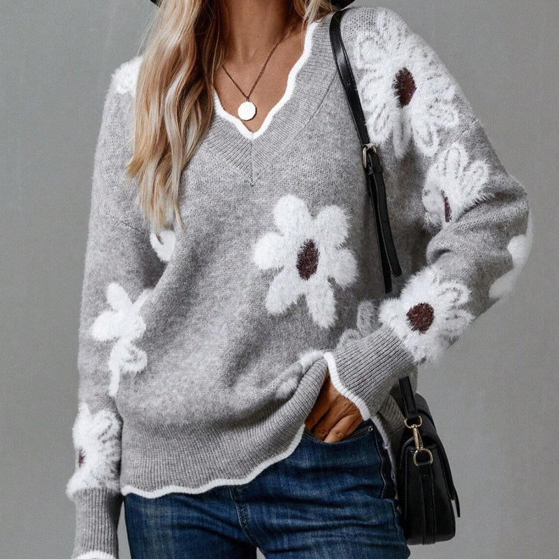 🌸Pull pour femme à motif floral et bordure en coquille🌟