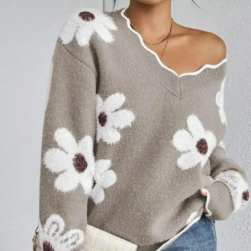 🌸Pull pour femme à motif floral et bordure en coquille🌟