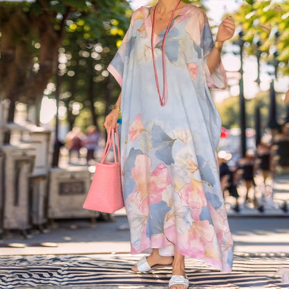 Robe longue ample à imprimé floral et demi-manches