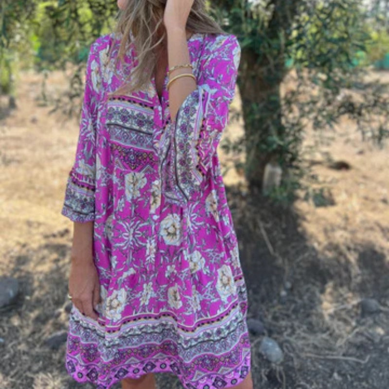 🌸Robe décontractée à imprimé floral et à col en V avec fermeture à boutons🌸