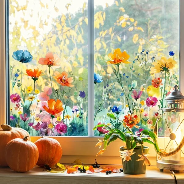 📢📢50 % de réduction !! ⏰Autocollant de fenêtre de bouquet floral coloré🖼️ (coupable à la taille librement)