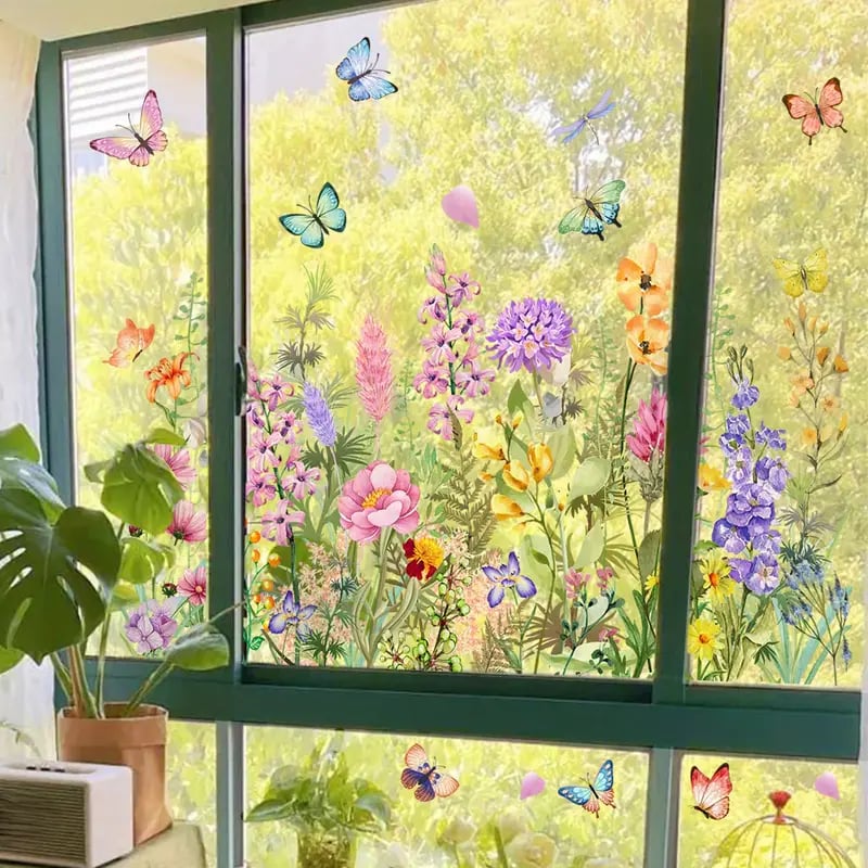 📢📢50 % de réduction !! ⏰Autocollant de fenêtre de bouquet floral coloré🖼️ (coupable à la taille librement)