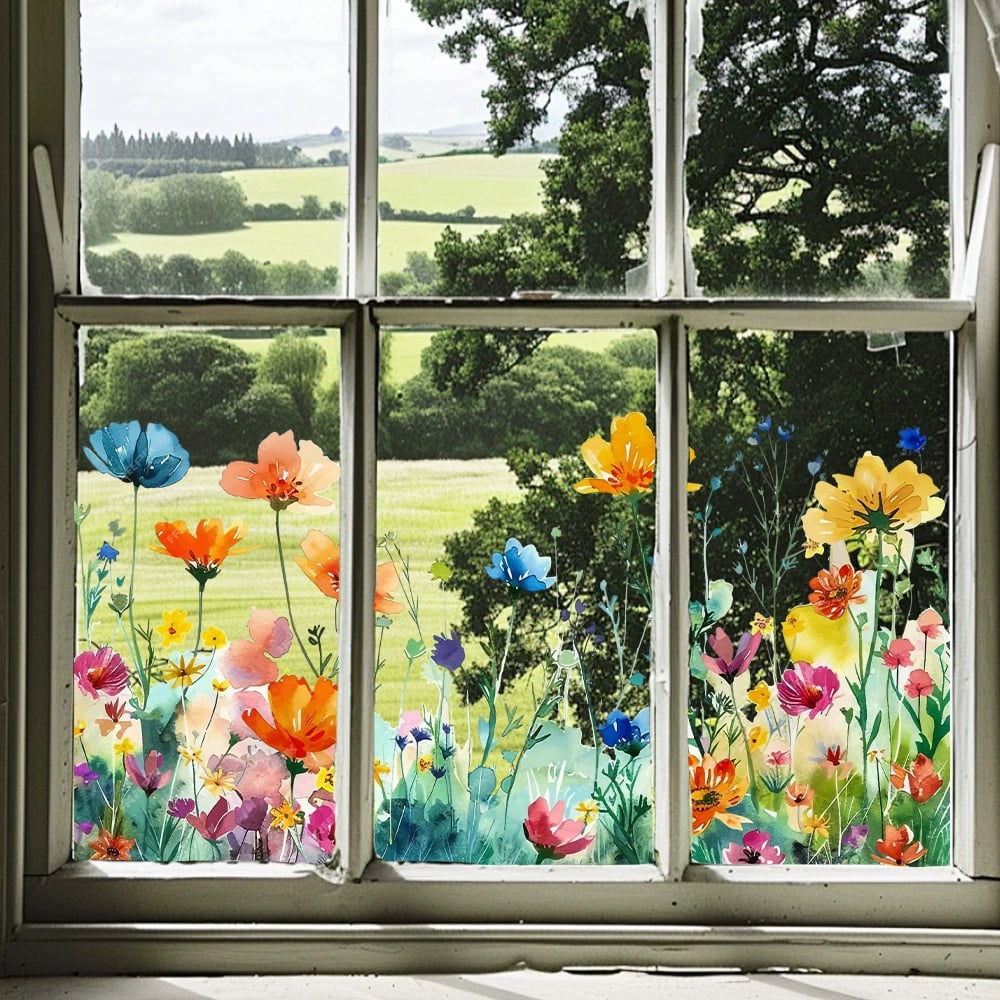 📢📢50 % de réduction !! ⏰Autocollant de fenêtre de bouquet floral coloré🖼️ (coupable à la taille librement)