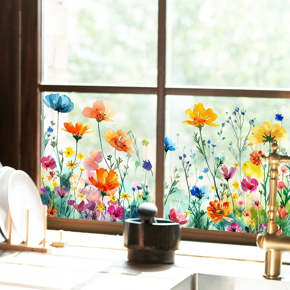 📢📢50 % de réduction !! ⏰Autocollant de fenêtre de bouquet floral coloré🖼️ (coupable à la taille librement)