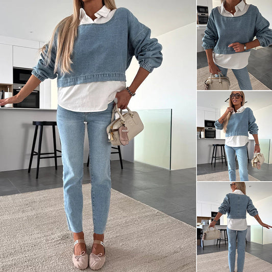 Ensemble deux pièces à la mode composé d'un haut en jean à manches longues et d'un pantalon pour femmes