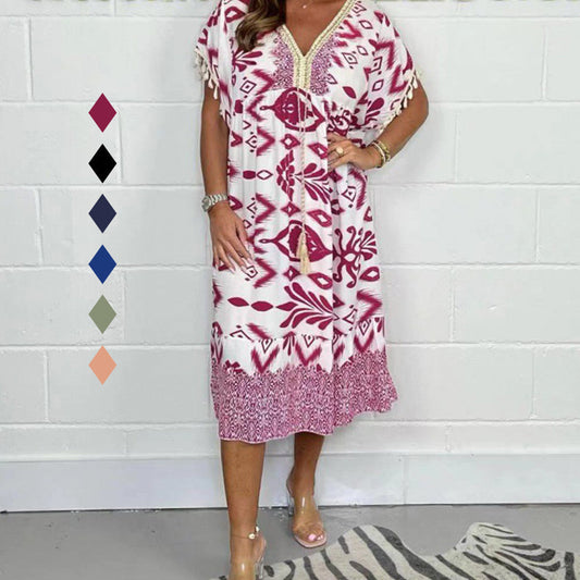 ✨Robe décontractée imprimée avec col en V et manches courtes à franges