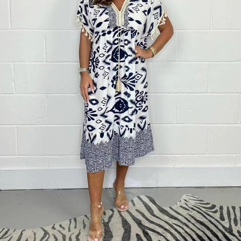 ✨Robe décontractée imprimée avec col en V et manches courtes à franges