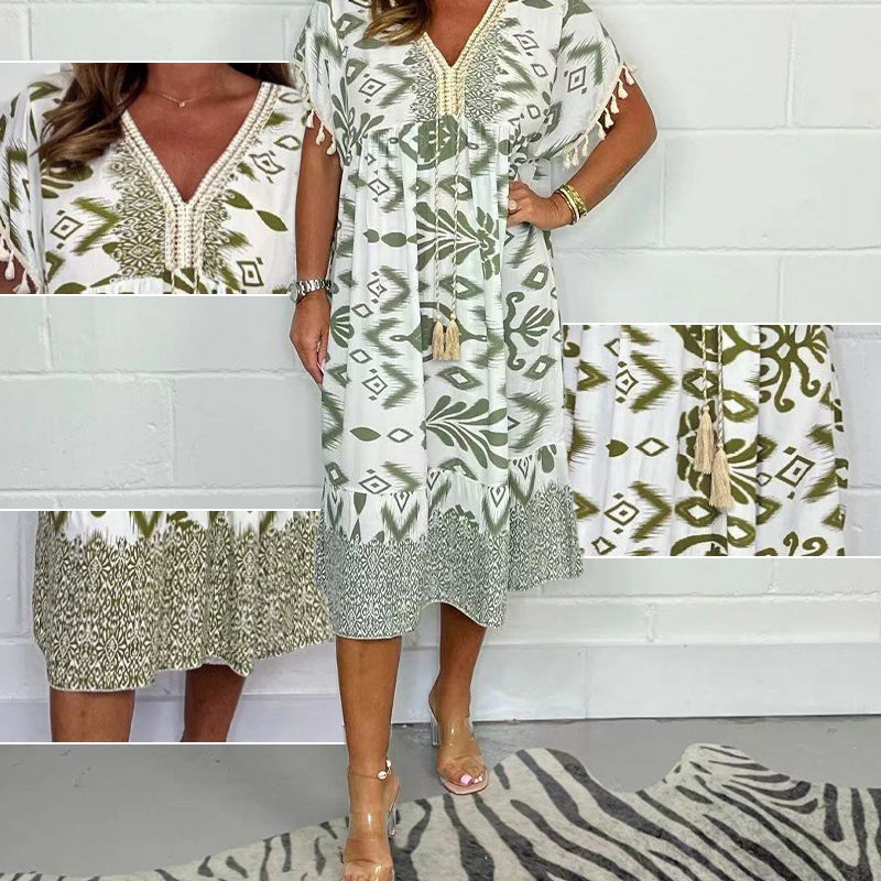 ✨Robe décontractée imprimée avec col en V et manches courtes à franges