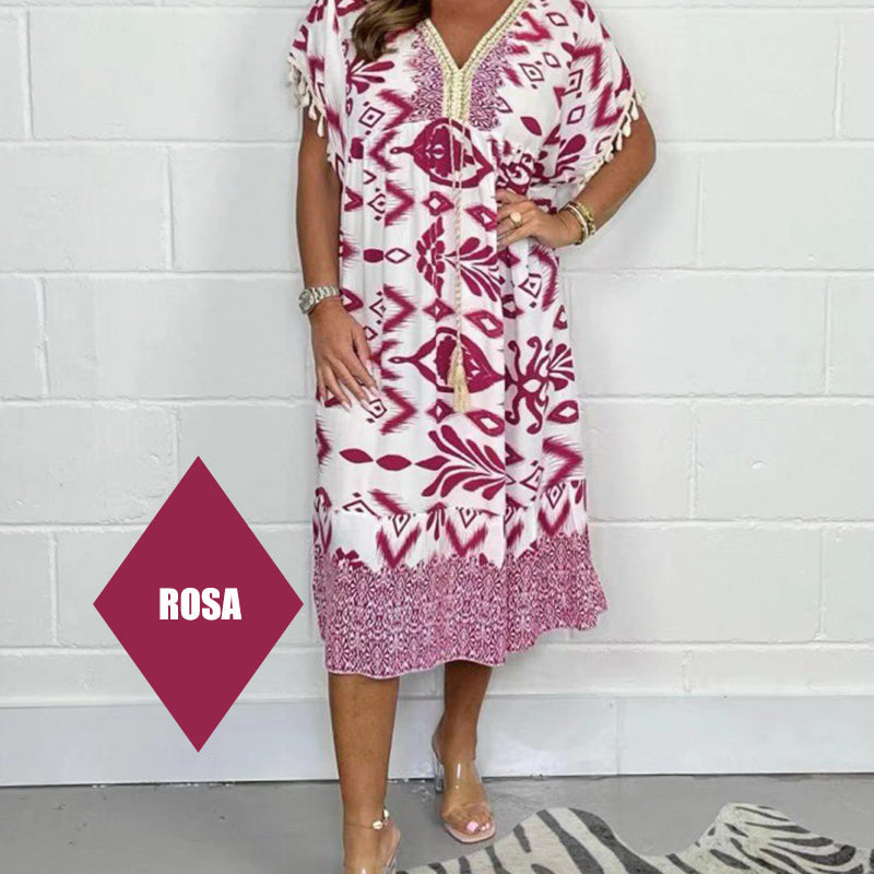 ✨Robe décontractée imprimée avec col en V et manches courtes à franges