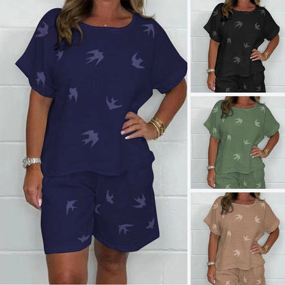Ensemble short à manches courtes imprimé décontracté en coton-lin