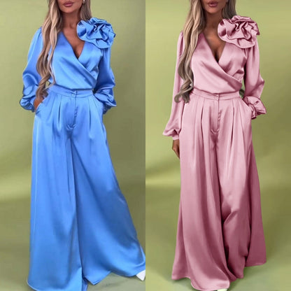 Ensemble 2 pièces haut col en V et pantalon large pour femme