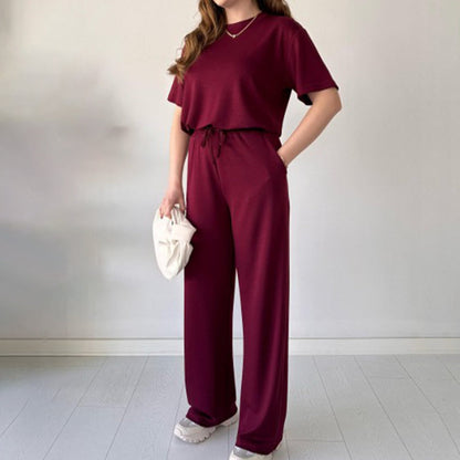 Ensemble deux pièces pour femmes : T-shirt décontracté et pantalon avec taille élastique et cordon de serrage
