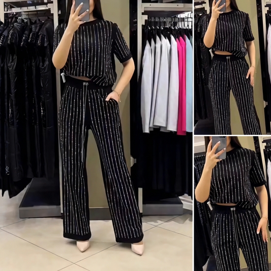 🌸2025 Vente à chaud👠Ensemble deux pièces en tricot rayé à strass pour femmes