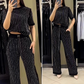 🌸2025 Vente à chaud👠Ensemble deux pièces en tricot rayé à strass pour femmes