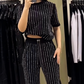 🌸2025 Vente à chaud👠Ensemble deux pièces en tricot rayé à strass pour femmes
