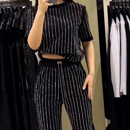 🌸2025 Vente à chaud👠Ensemble deux pièces en tricot rayé à strass pour femmes