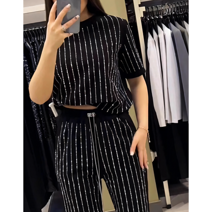 🌸2025 Vente à chaud👠Ensemble deux pièces en tricot rayé à strass pour femmes
