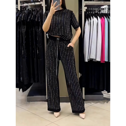 🌸2025 Vente à chaud👠Ensemble deux pièces en tricot rayé à strass pour femmes