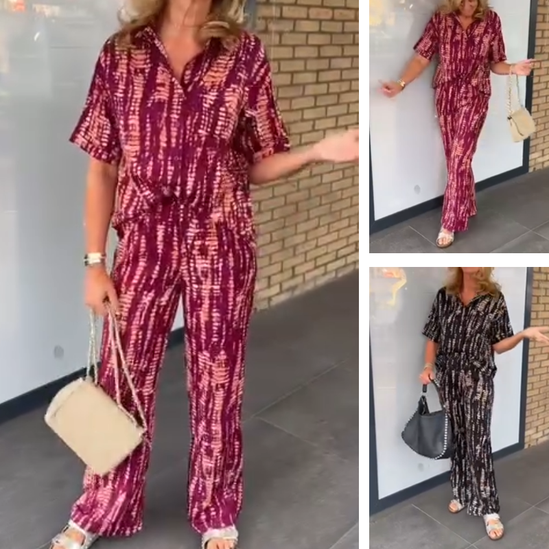 💕🌸Ensemble 2 pièces chemise et pantalon boutonnés imprimés pour femmes
