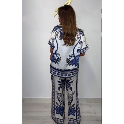Ensemble pantalon large à col en V pour femmes décontractées