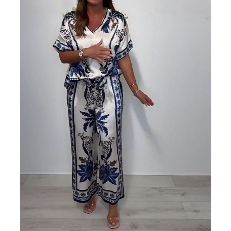 Ensemble pantalon large à col en V pour femmes décontractées