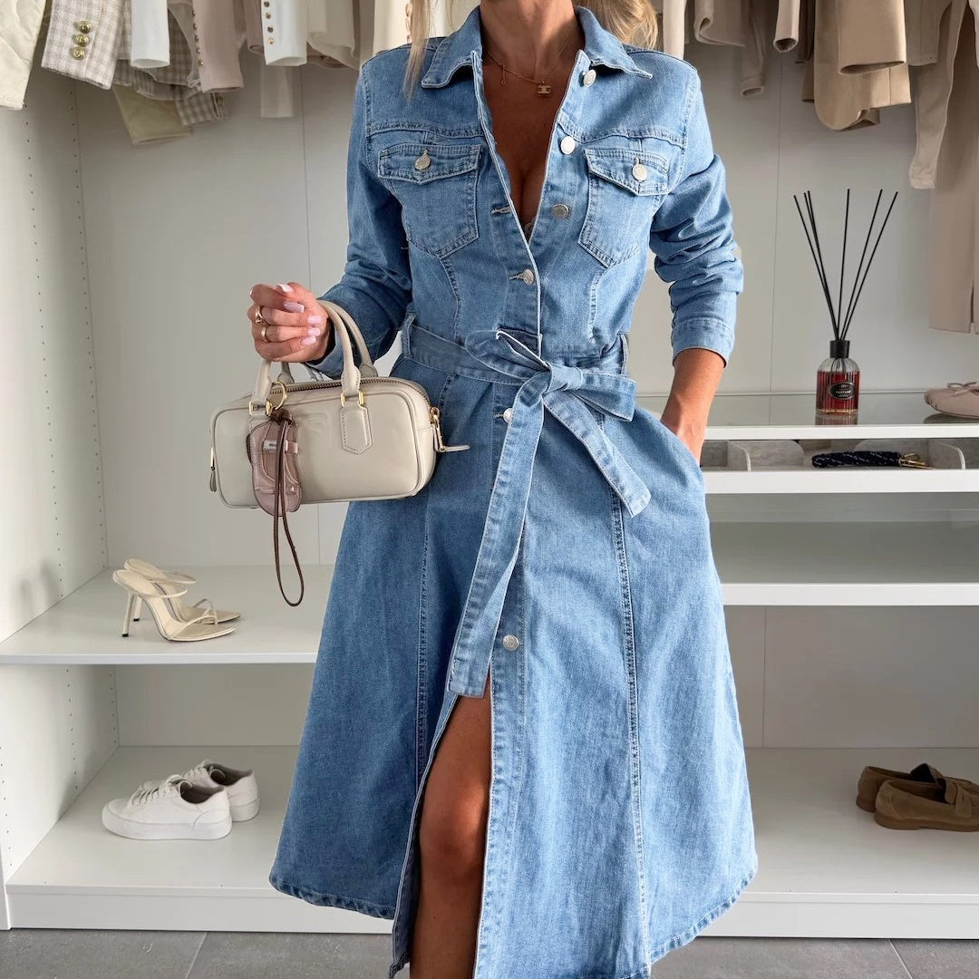 ❤️Robe en denim à manches longues avec patte de boutonnage pour femmes