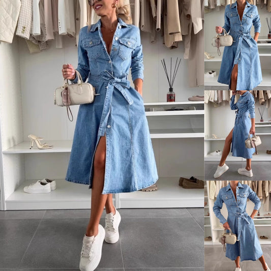 ❤️Robe en denim à manches longues avec patte de boutonnage pour femmes