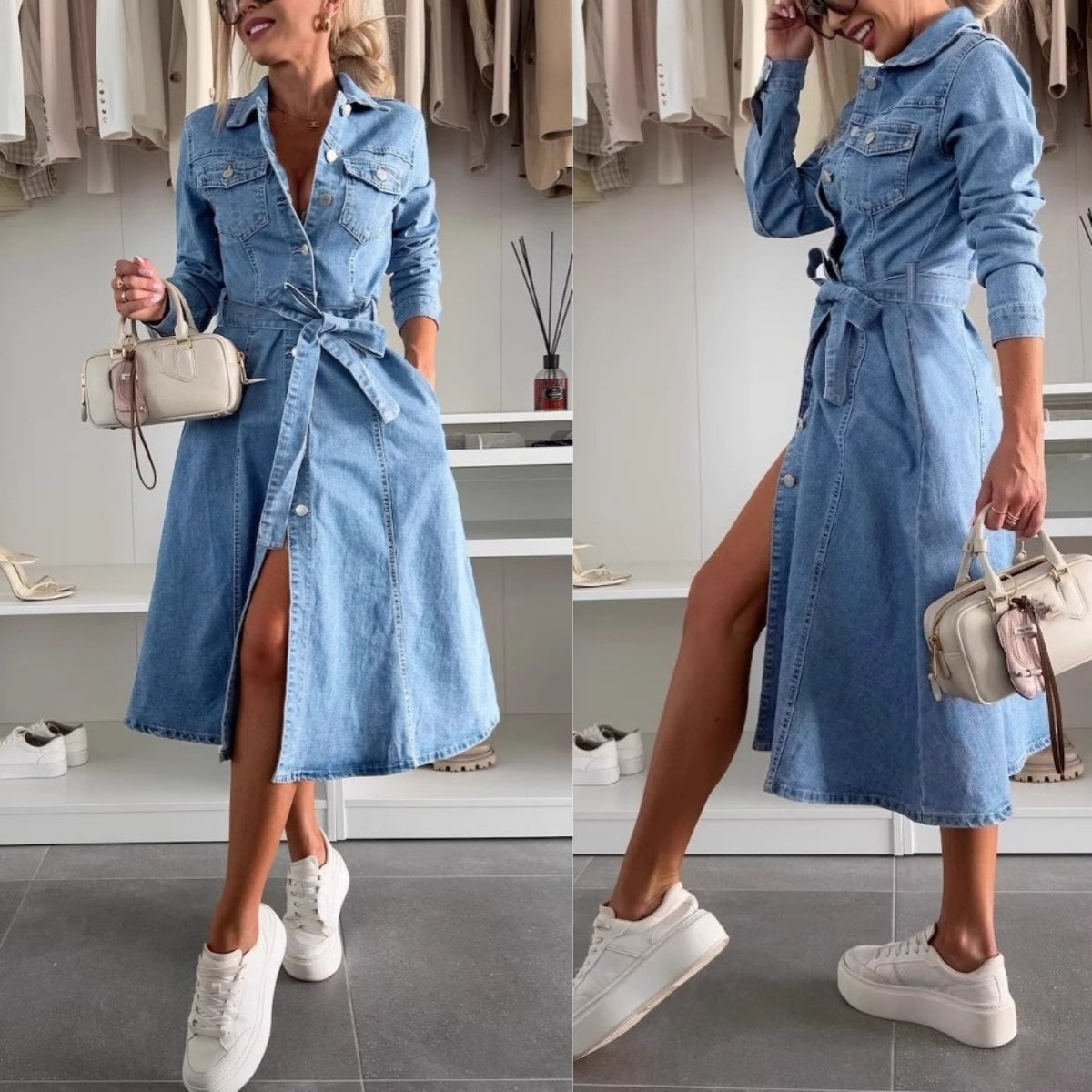 ❤️Robe en denim à manches longues avec patte de boutonnage pour femmes