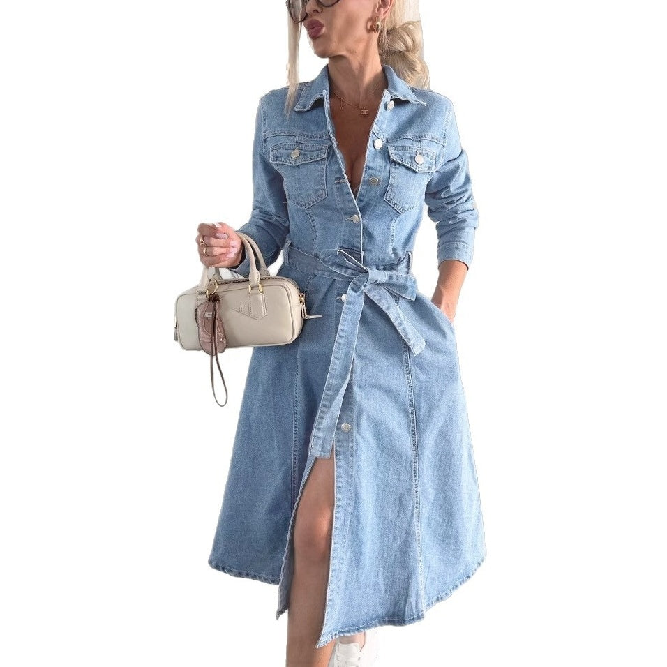 ❤️Robe en denim à manches longues avec patte de boutonnage pour femmes
