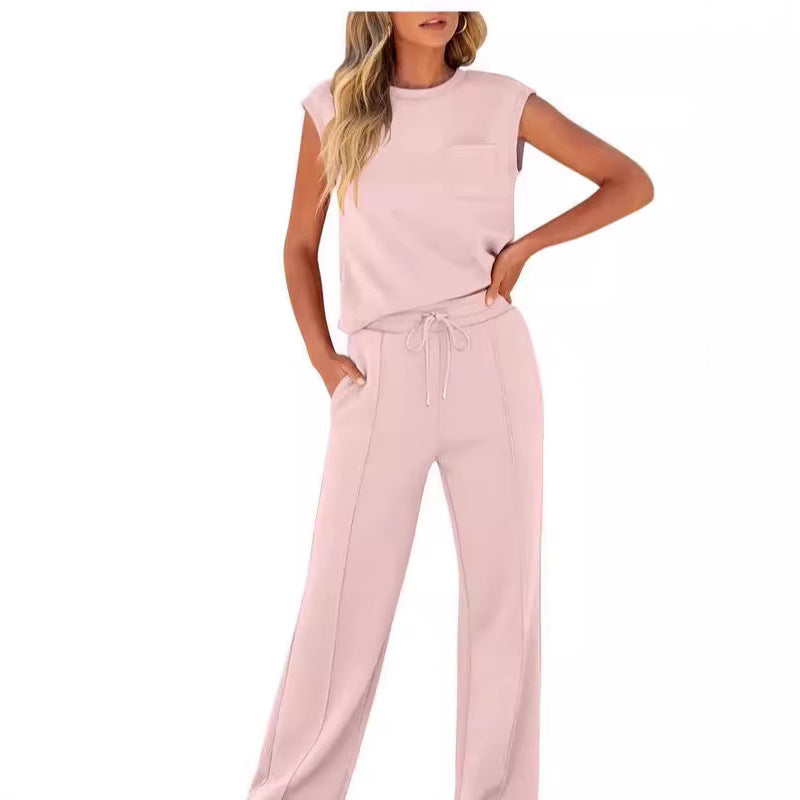 😍Ensemble décontracté pour femmes composé d'un haut sans manches et d'un pantalon avec cordon de serrage, 2 pièces
