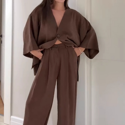 Ensemble deux pièces pour femme : haut élégant à col en V et pantalon large