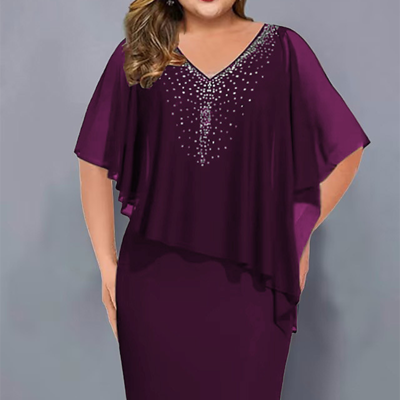 ✨Robe cape en strass avec col en V et superposition en mousseline