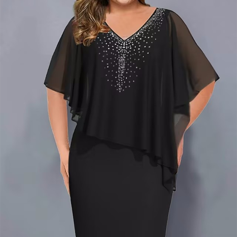 ✨Robe cape en strass avec col en V et superposition en mousseline