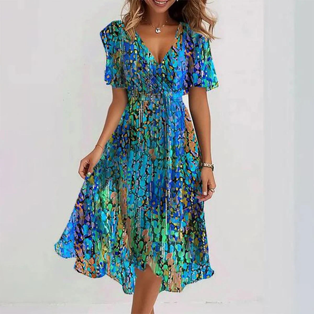 🔥Soldes exceptionnels 50 % de réduction💝✨Robe midi à manches courtes Special Blue