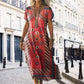 Robe longue imprimée à manches courtes et col en V pour femme