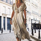 Robe longue imprimée à manches courtes et col en V pour femme