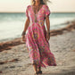 Robe longue imprimée à manches courtes et col en V pour femme