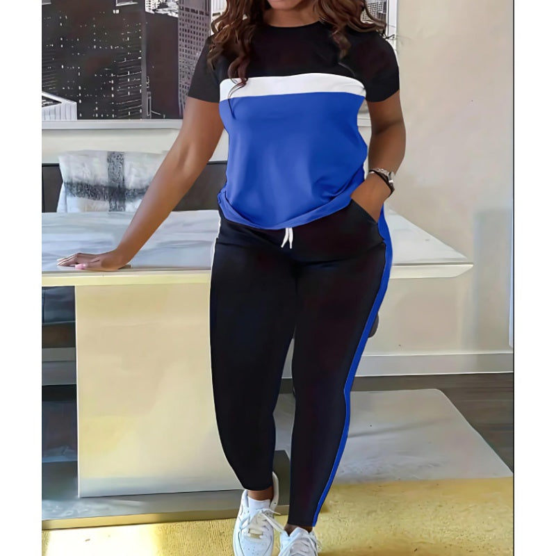 Ensemble 2 pièces pour femmes composé d'un haut à manches courtes et d'un pantalon avec poignets et cordon de serrage en couleur contrastée