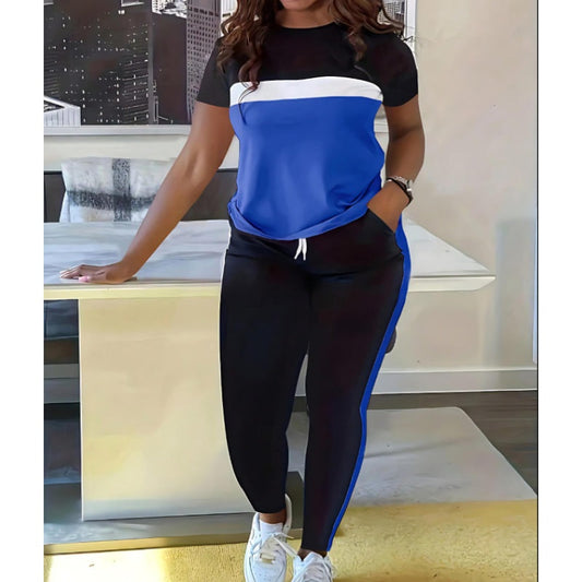 Ensemble 2 pièces pour femmes composé d'un haut à manches courtes et d'un pantalon avec poignets et cordon de serrage en couleur contrastée