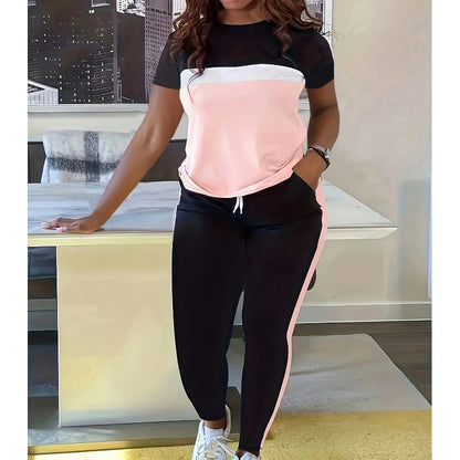 Ensemble 2 pièces pour femmes composé d'un haut à manches courtes et d'un pantalon avec poignets et cordon de serrage en couleur contrastée