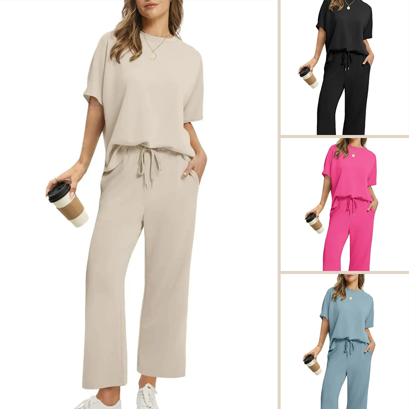 💎 60% DE RÉDUCTION ! 💎 Ensemble Femme 2 Pièces Décontracté – Haut Demi-Manches + Pantalon Cheville, Ultra Doux & Élégant (S à 4XL) ✨👖