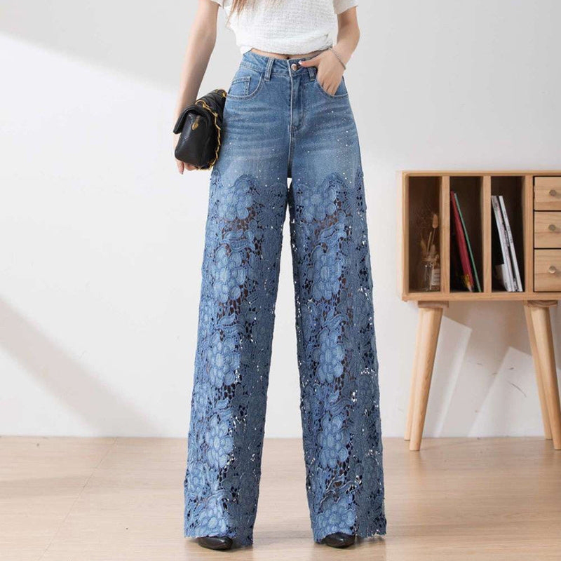 Pantalon large en denim bleu à taille haute pour femmes avec empiècements en dentelle découpés