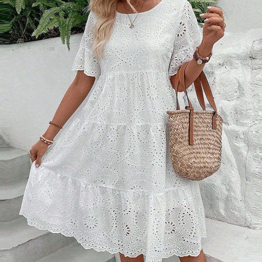 Robe unie à col rond et découpes florales pour femmes